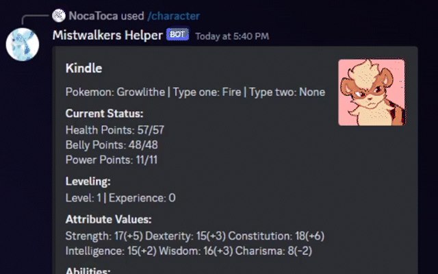 The bot's /character command showing a character sheet in Discord